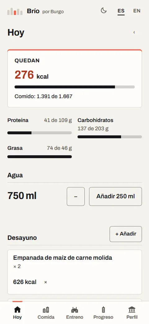 Brío: calorías y macros del día